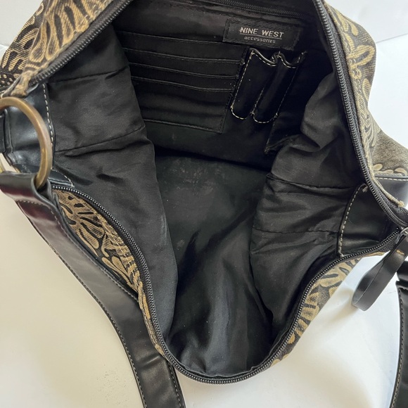 Nine West Brown And Gold Flower Patterned Shoulder Bag. 100% Cotton/Faux Leather - Picture 3 of 9